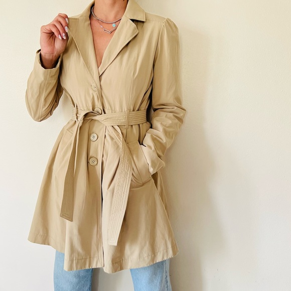 New Maurices Khaki Trench Coat Floral Liner Front Belt Pockets - Picture 4 of 10